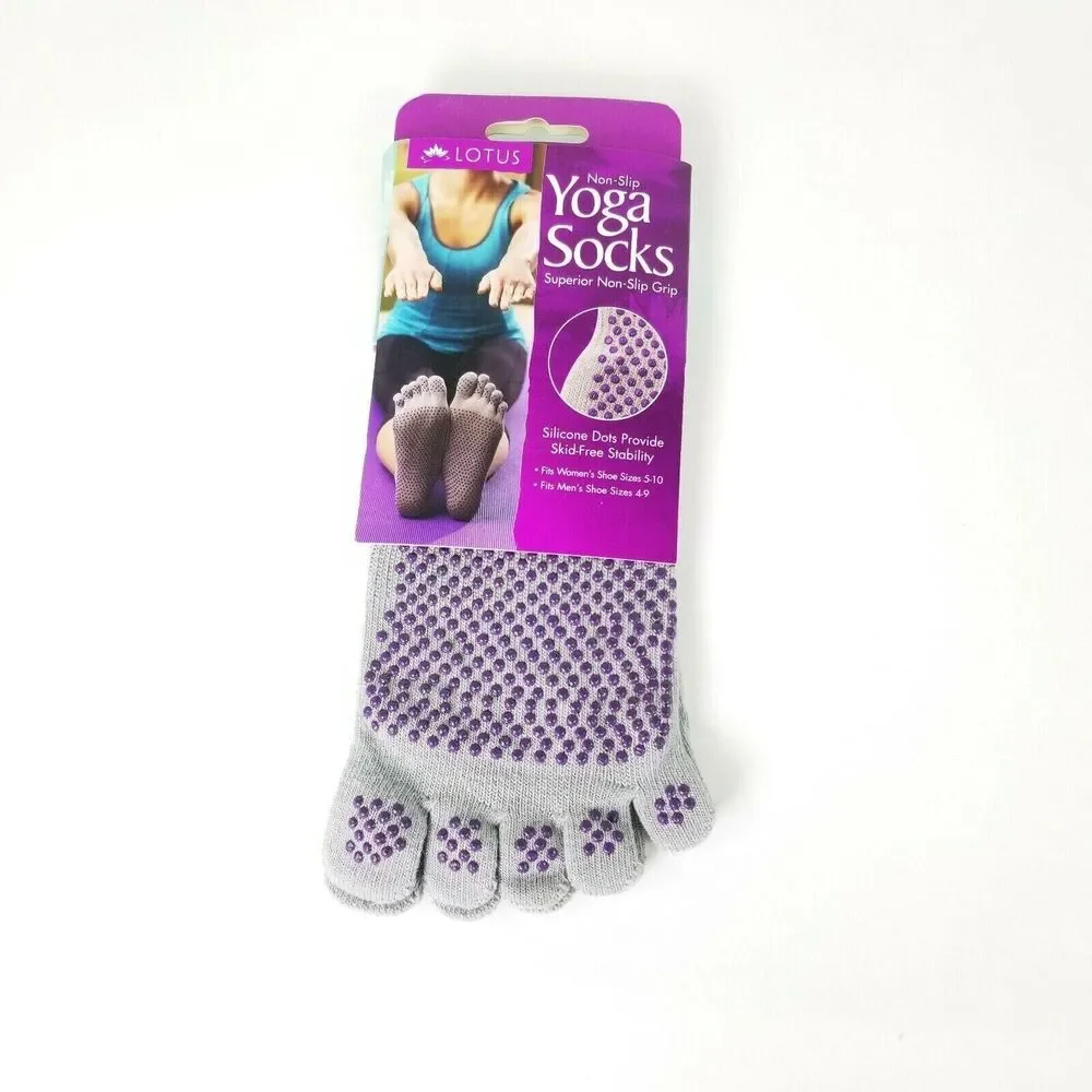 Lotus Yoga Socks Gray Non Slip Grip Purple Silicone Dots Women's Shoe Sizes 5-10